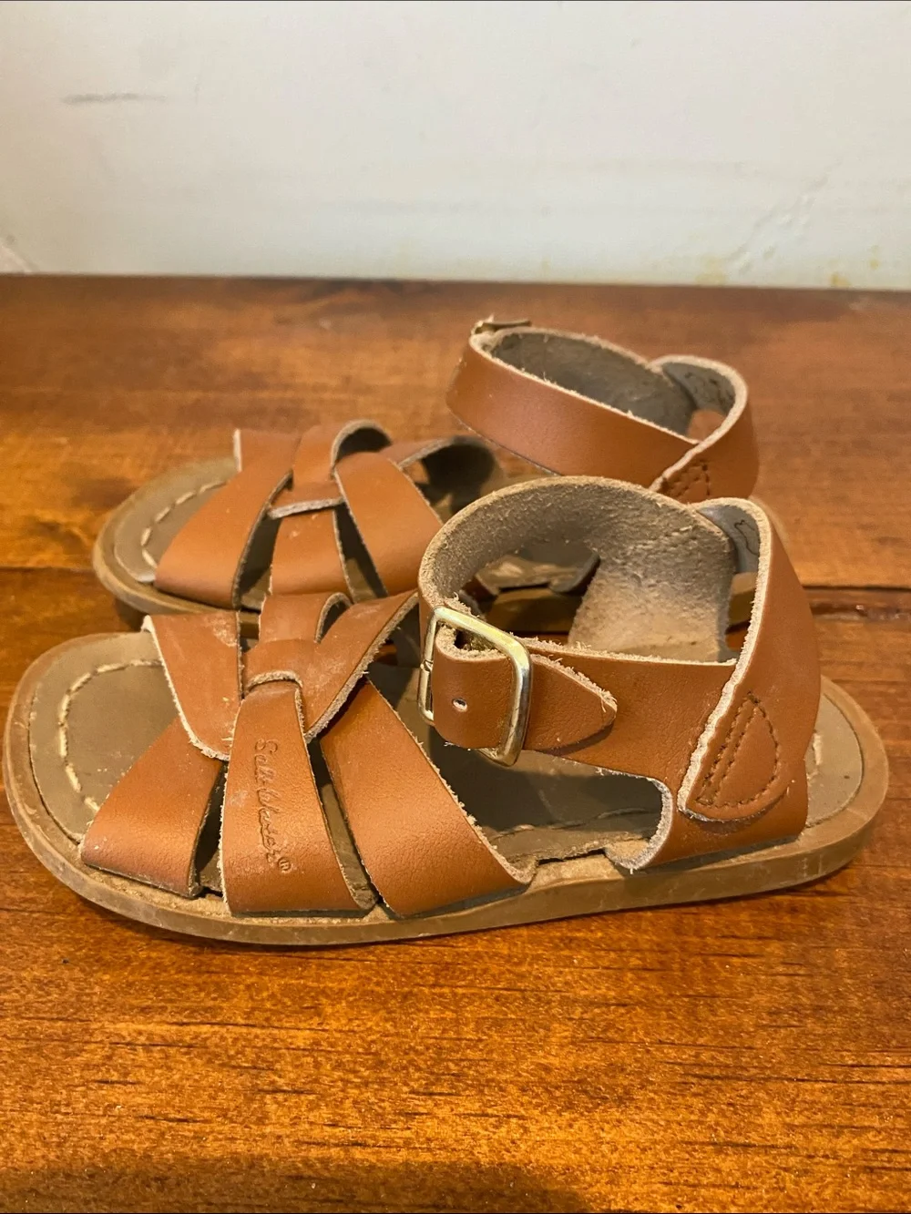 Brown Leather Strappy Toddler saltwater Sandals with Ankle Buckle